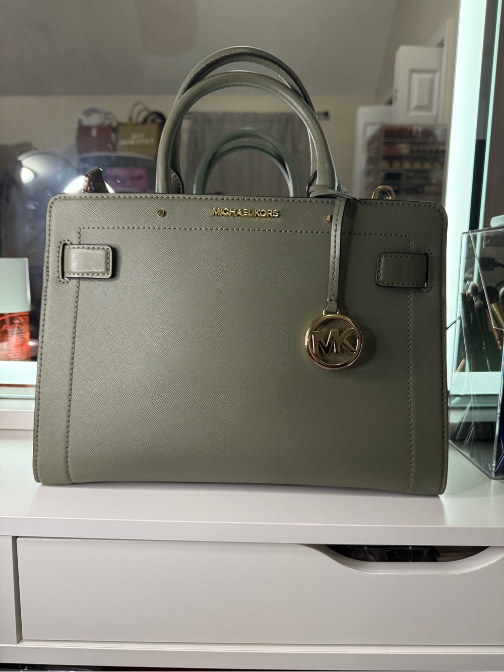 Michael Kors Olive Saffiano Leather Satchel with Gold Hardware